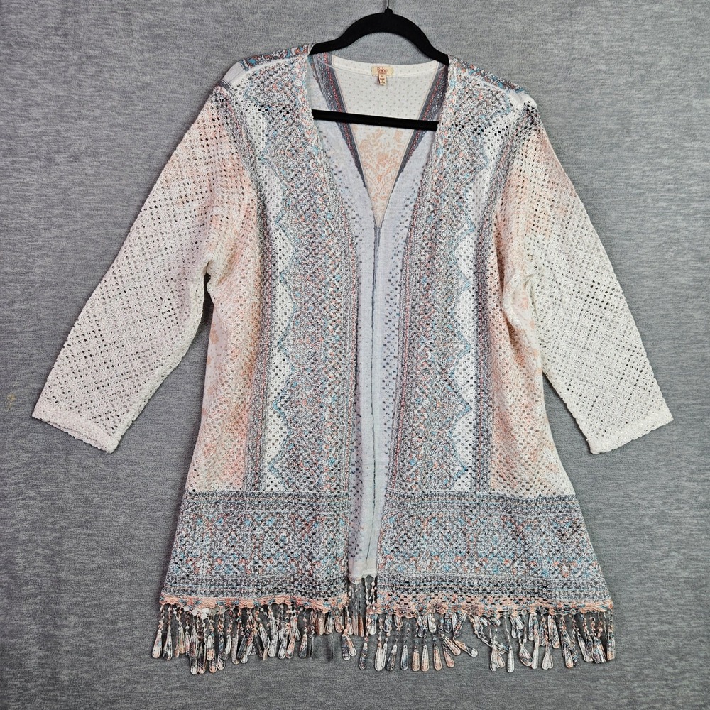 Reba Woman 1X Boho Open Front Cardigan Crochet Paisley Fringe Tassel Coral Blue